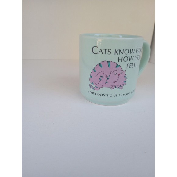 AGC Cat Humor Coffee Cup Soft Green Pink Cartoon Cat with Stripes - Picture 2 of 6